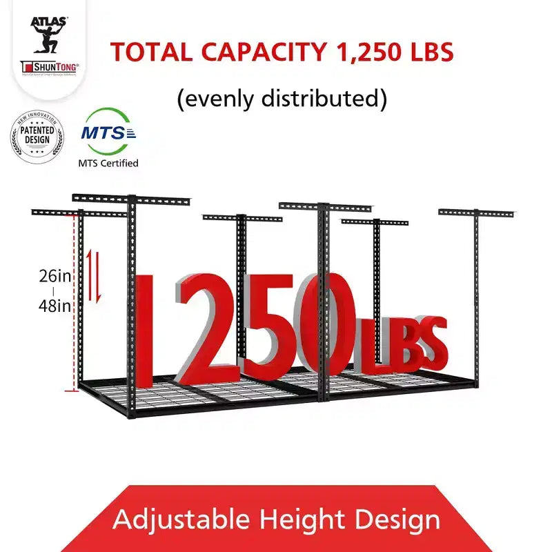 Rack de rangement suspendu pour garage 4'x8', capacité de 1100 lb, finition noire martelée
