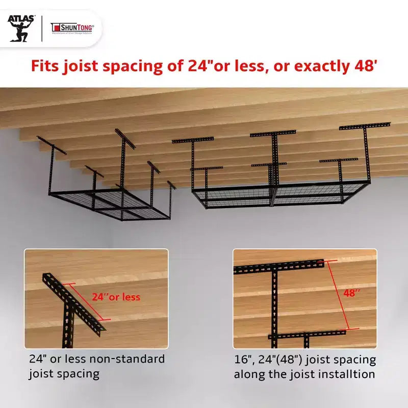 Rack de rangement suspendu pour garage 4'x8', capacité de 1100 lb, finition noire martelée