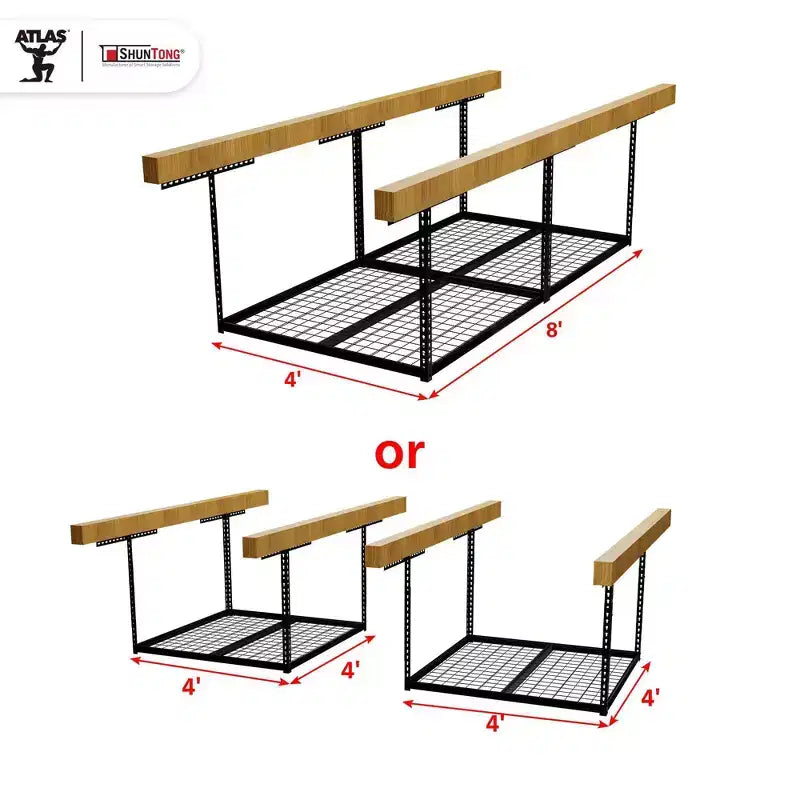 Rack de rangement suspendu pour garage 4'x8', capacité de 1100 lb, finition noire martelée