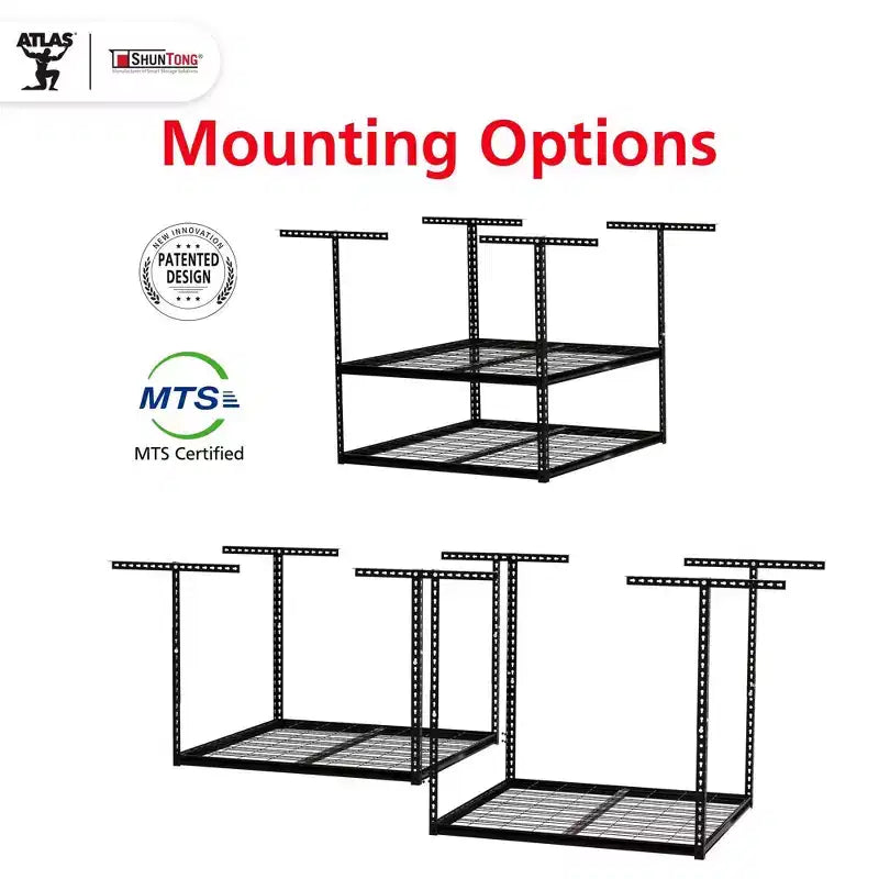 Rack de rangement suspendu pour garage 4'x8', capacité de 1100 lb, finition noire martelée