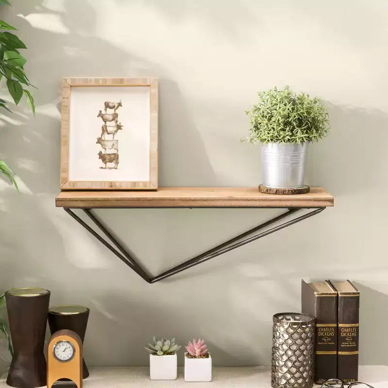 Étagère murale flottante avec support en fer en forme de diamant, marron, bois de pin moderne