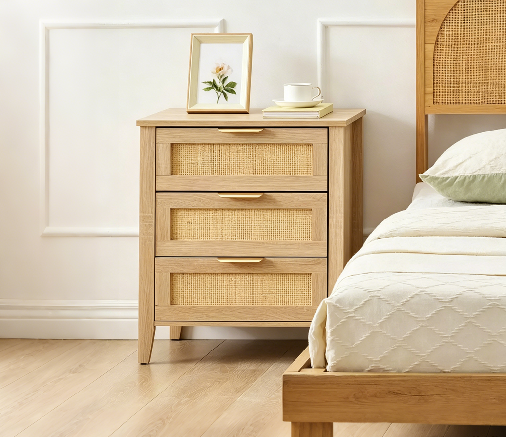 Commode en bois à 3 tiroirs, table de chevet en rotin, poignées en métal et pieds en bois massif pour chambre, salon, entrée