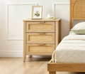 Commode en bois à 3 tiroirs, table de chevet en rotin, poignées en métal et pieds en bois massif pour chambre, salon, entrée
