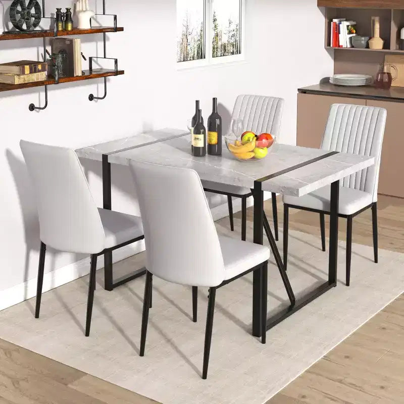 Table de salle à manger rectangulaire avec plateau effet marbre et piètement en métal, table de cuisine pour 6 personnes, gris