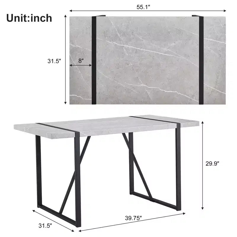 Table de salle à manger rectangulaire avec plateau effet marbre et piètement en métal, table de cuisine pour 6 personnes, gris
