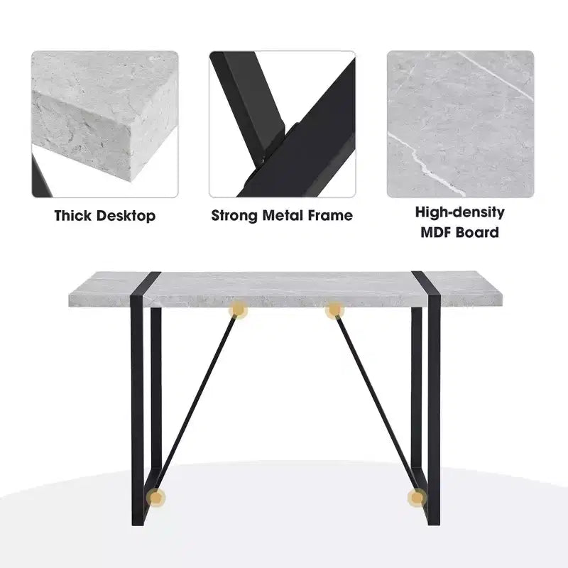 Table de salle à manger rectangulaire avec plateau effet marbre et piètement en métal, table de cuisine pour 6 personnes, gris