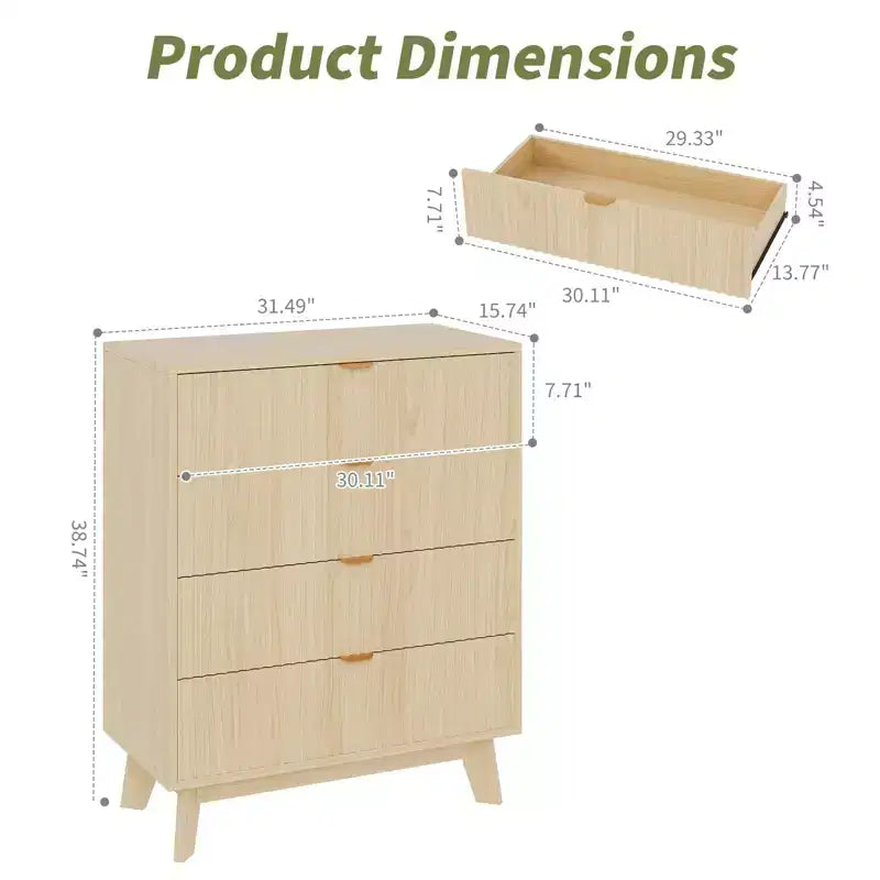 Commode à 4 tiroirs, Commode de chambre à coucher moderne cannelée, Commode de rangement en bois, Organisateur de commode