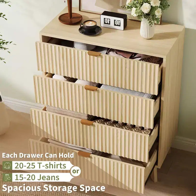 Commode à 4 tiroirs, Commode de chambre à coucher moderne cannelée, Commode de rangement en bois, Organisateur de commode