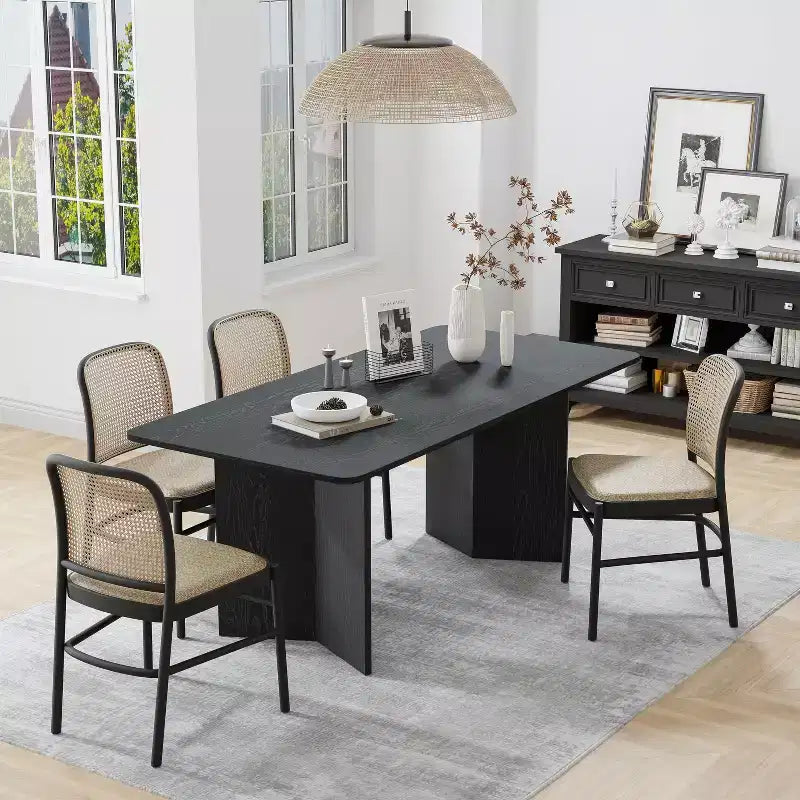 67 Table à manger rectangulaire jaune de grande taille pour 4 à 6 personnes avec pieds en V pour salle à manger et salon