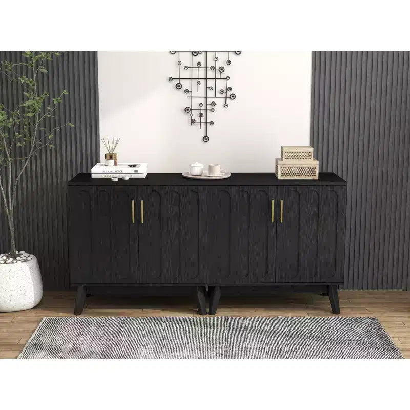 Buffet/bahut cannelé moderne du milieu du siècle avec rangement réglable, buffet de bar en bois massif pour cuisine, salle à manger/salon