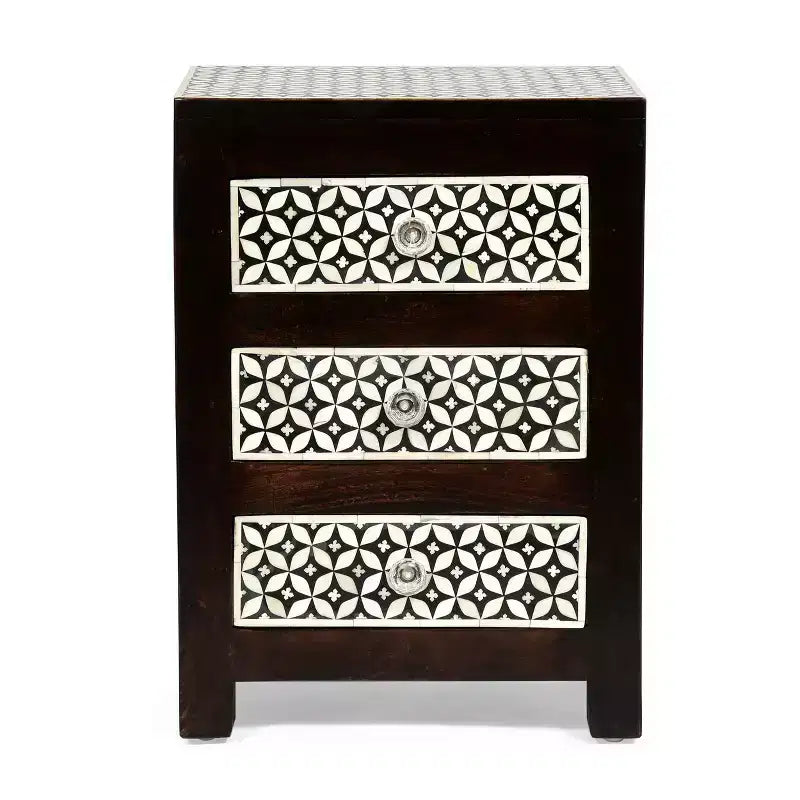 Table de chevet Boho en bois de manguier fait main 3 tiroirs