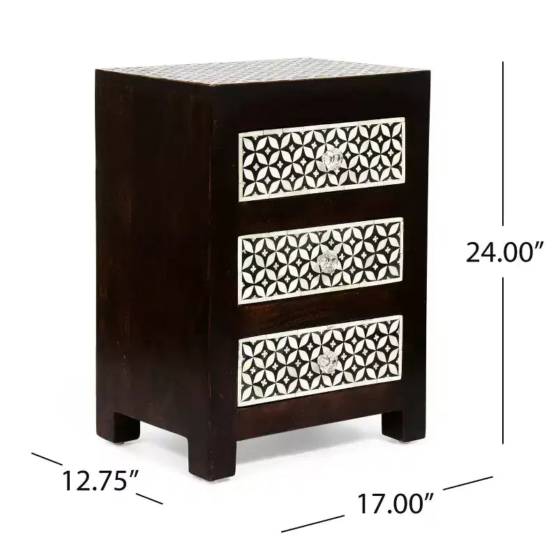 Table de chevet Boho en bois de manguier fait main 3 tiroirs
