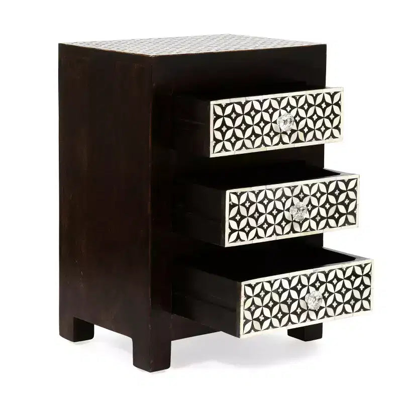 Table de chevet Boho en bois de manguier fait main 3 tiroirs