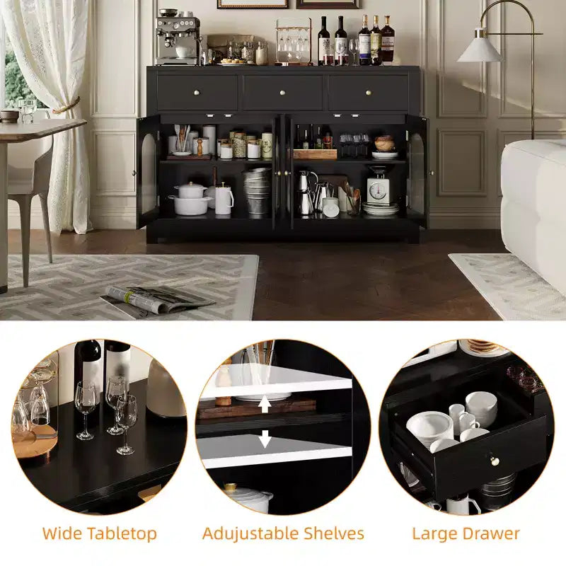 Grand buffet de salle à manger avec 4 portes et 3 tiroirs, vitrine de cuisine avec étagère réglable et casier à vin