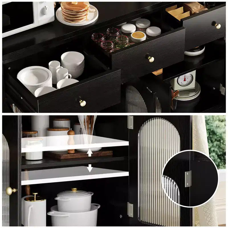Grand buffet de salle à manger avec 4 portes et 3 tiroirs, vitrine de cuisine avec étagère réglable et casier à vin