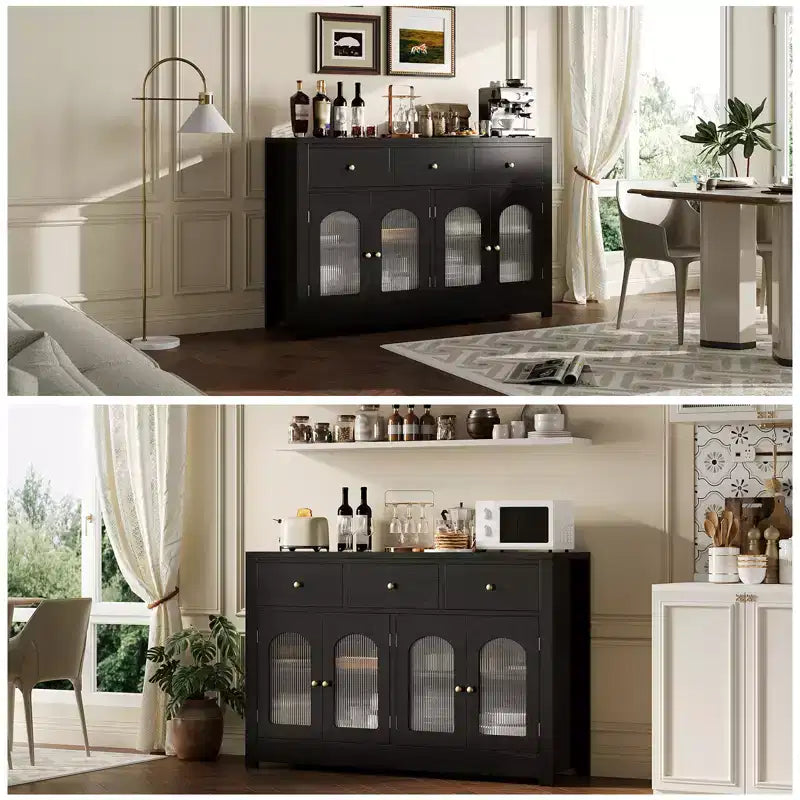 Grand buffet de salle à manger avec 4 portes et 3 tiroirs, vitrine de cuisine avec étagère réglable et casier à vin