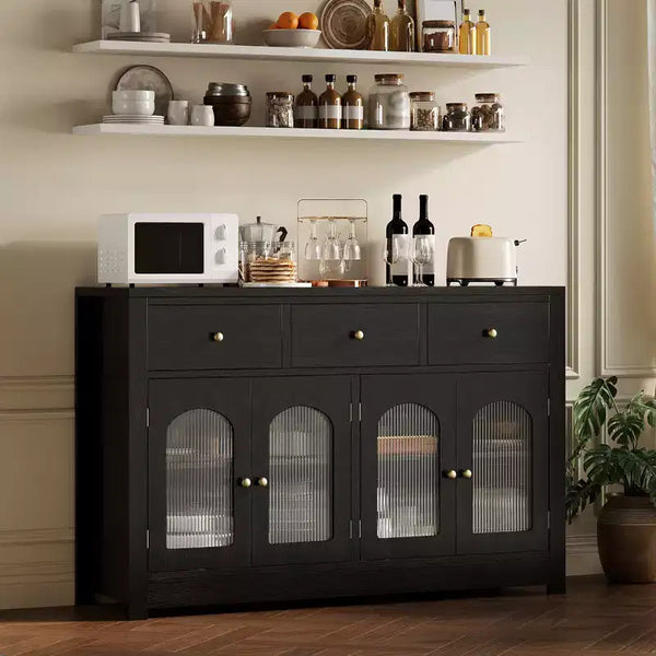Grand buffet de salle à manger avec 4 portes et 3 tiroirs, vitrine de cuisine avec étagère réglable et casier à vin