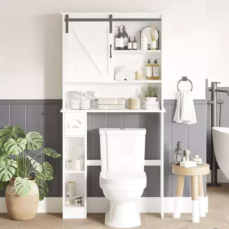 Armoire de rangement WC, Armoire de rangement haute WC avec 2 portes coulissantes de grange et support de papier toilette, Étagère WC peu encombrante
