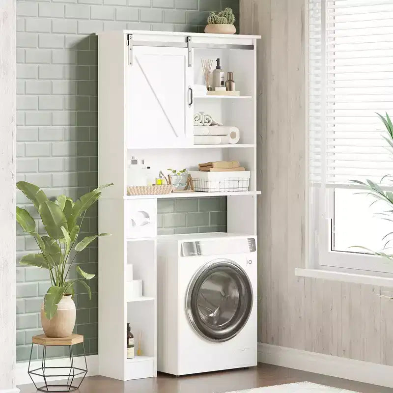 Armoire de rangement WC, Armoire de rangement haute WC avec 2 portes coulissantes de grange et support de papier toilette, Étagère WC peu encombrante