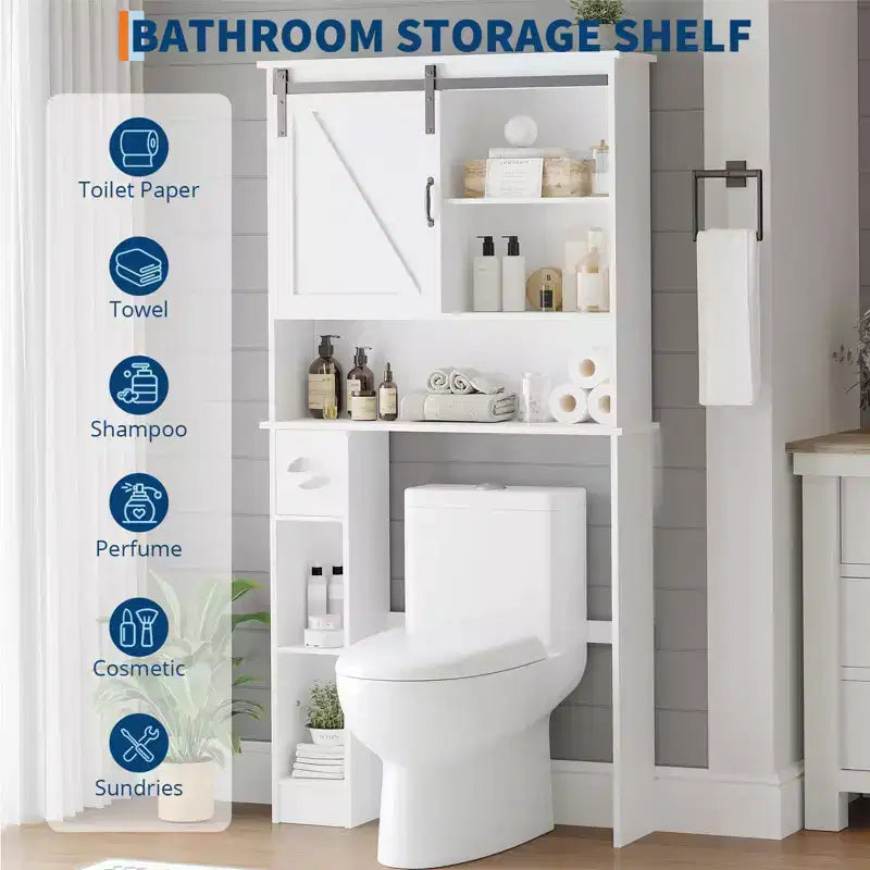 Armoire de rangement WC, Armoire de rangement haute WC avec 2 portes coulissantes de grange et support de papier toilette, Étagère WC peu encombrante