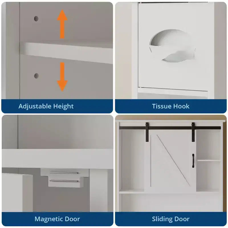 Armoire de rangement WC, Armoire de rangement haute WC avec 2 portes coulissantes de grange et support de papier toilette, Étagère WC peu encombrante