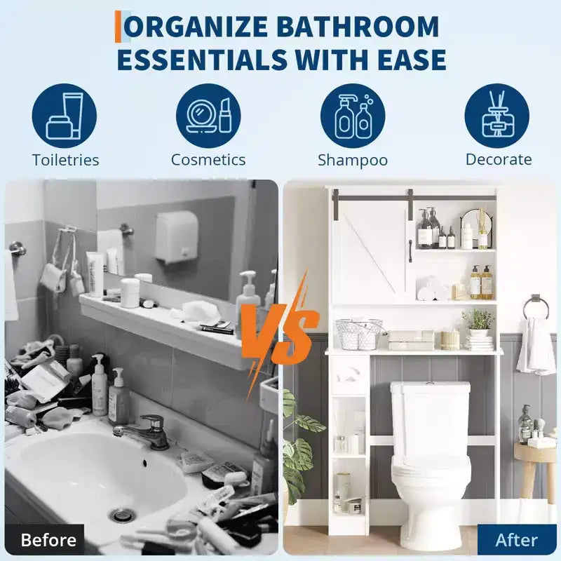 Armoire de rangement WC, Armoire de rangement haute WC avec 2 portes coulissantes de grange et support de papier toilette, Étagère WC peu encombrante