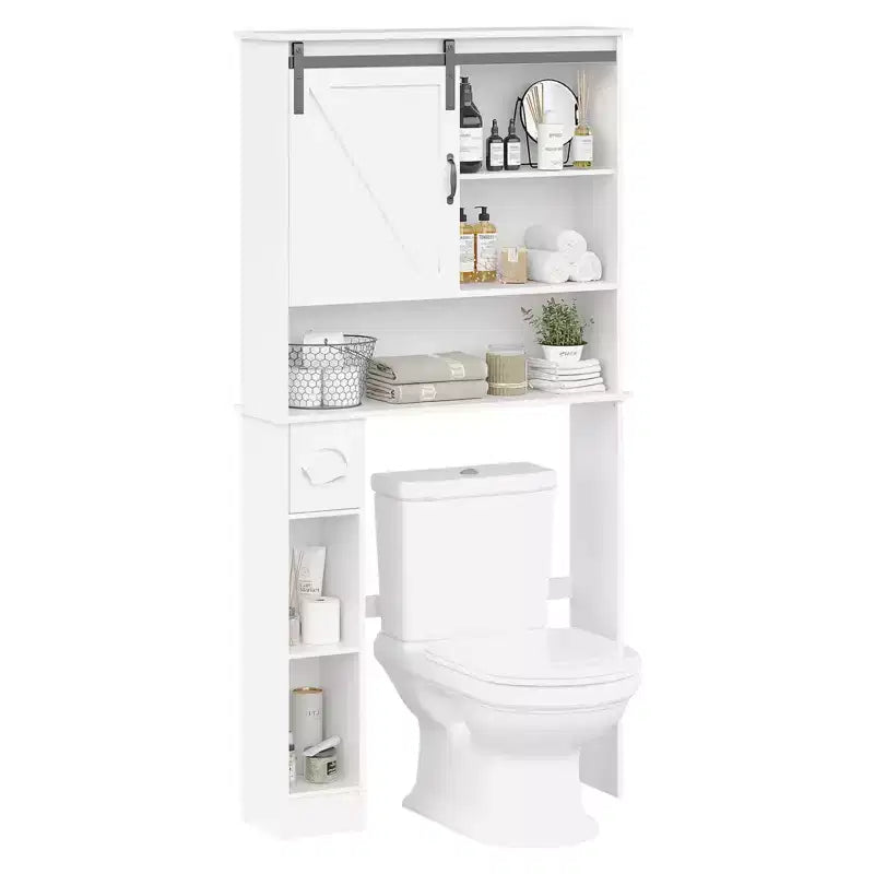 Armoire de rangement WC, Armoire de rangement haute WC avec 2 portes coulissantes de grange et support de papier toilette, Étagère WC peu encombrante