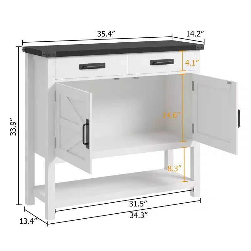 Meuble d'entrée avec rangement - 2 portes et 2 tiroirs, en bois massif, console multifonctionnelle pour bar à café, canapé pour salon, couloir (blanc)