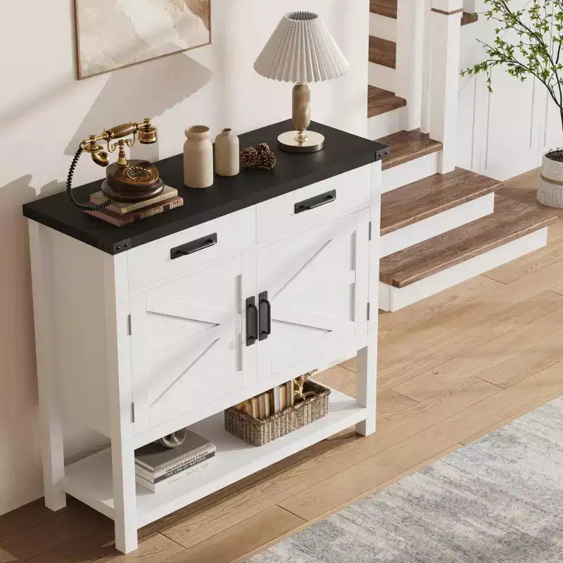 Meuble d'entrée avec rangement - 2 portes et 2 tiroirs, en bois massif, console multifonctionnelle pour bar à café, canapé pour salon, couloir (blanc)