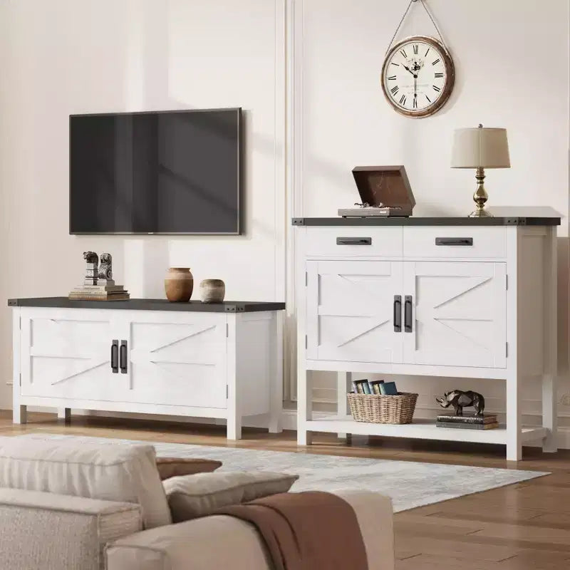 Meuble d'entrée avec rangement - 2 portes et 2 tiroirs, en bois massif, console multifonctionnelle pour bar à café, canapé pour salon, couloir (blanc)