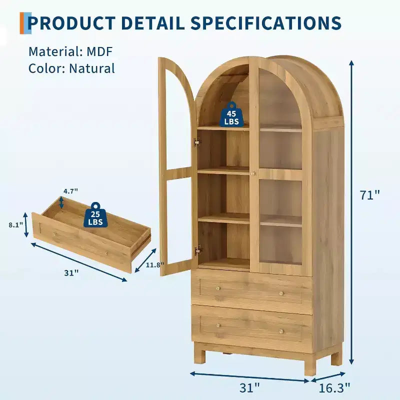 Armoire de rangement arquée haute de 180 cm avec portes en acrylique, meuble de rangement moderne en bois avec 2 tiroirs et étagères réglables, placard polyvalent pour la cuisine