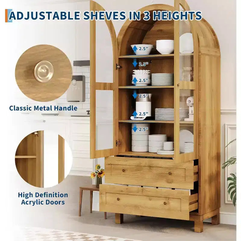 Armoire de rangement arquée haute de 180 cm avec portes en acrylique, meuble de rangement moderne en bois avec 2 tiroirs et étagères réglables, placard polyvalent pour la cuisine