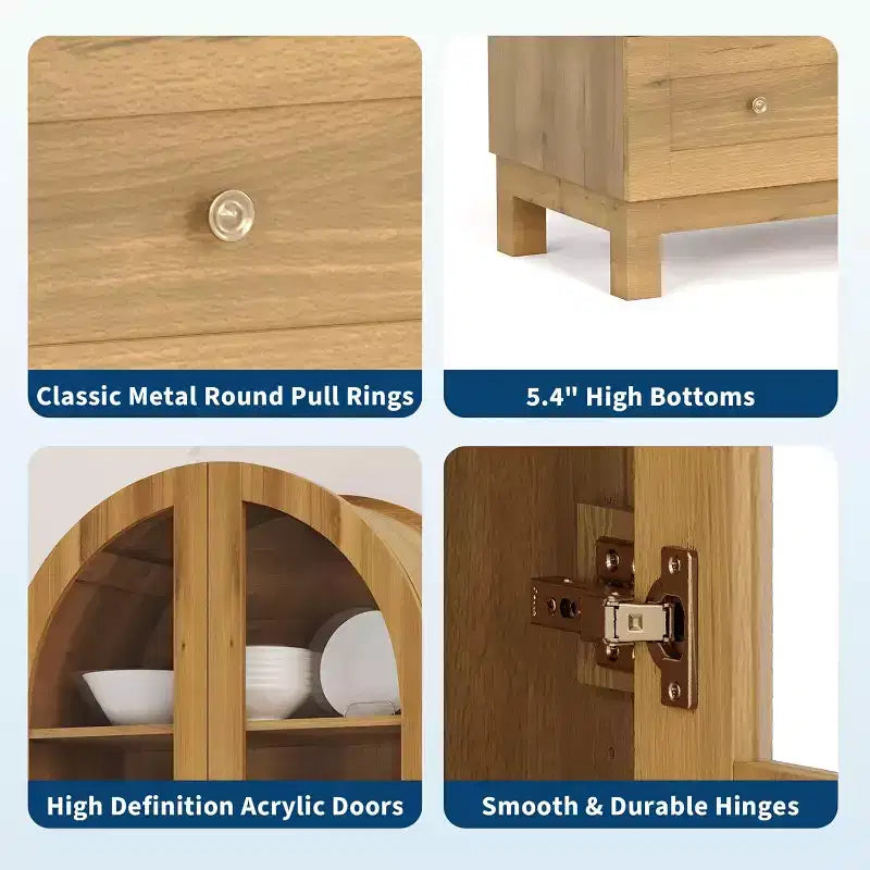Armoire de rangement arquée haute de 180 cm avec portes en acrylique, meuble de rangement moderne en bois avec 2 tiroirs et étagères réglables, placard polyvalent pour la cuisine