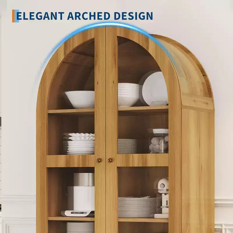 Armoire de rangement arquée haute de 180 cm avec portes en acrylique, meuble de rangement moderne en bois avec 2 tiroirs et étagères réglables, placard polyvalent pour la cuisine