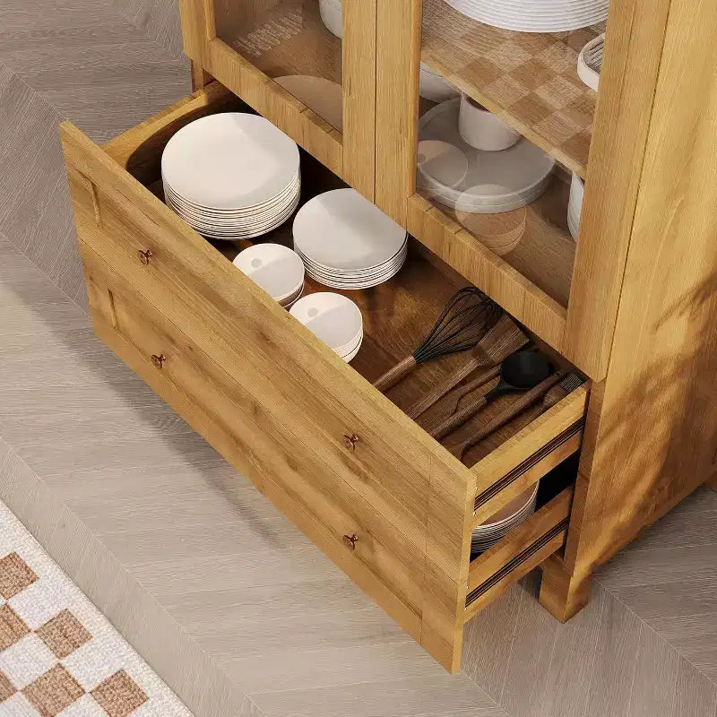 Armoire de rangement arquée haute de 180 cm avec portes en acrylique, meuble de rangement moderne en bois avec 2 tiroirs et étagères réglables, placard polyvalent pour la cuisine