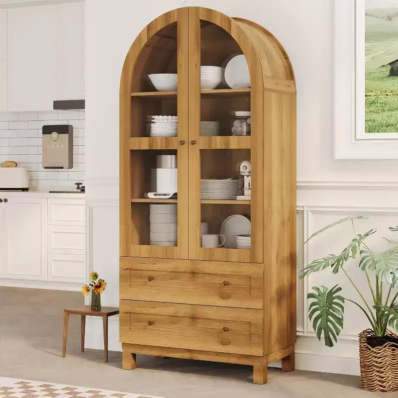 Armoire de rangement arquée haute de 180 cm avec portes en acrylique, meuble de rangement moderne en bois avec 2 tiroirs et étagères réglables, placard polyvalent pour la cuisine