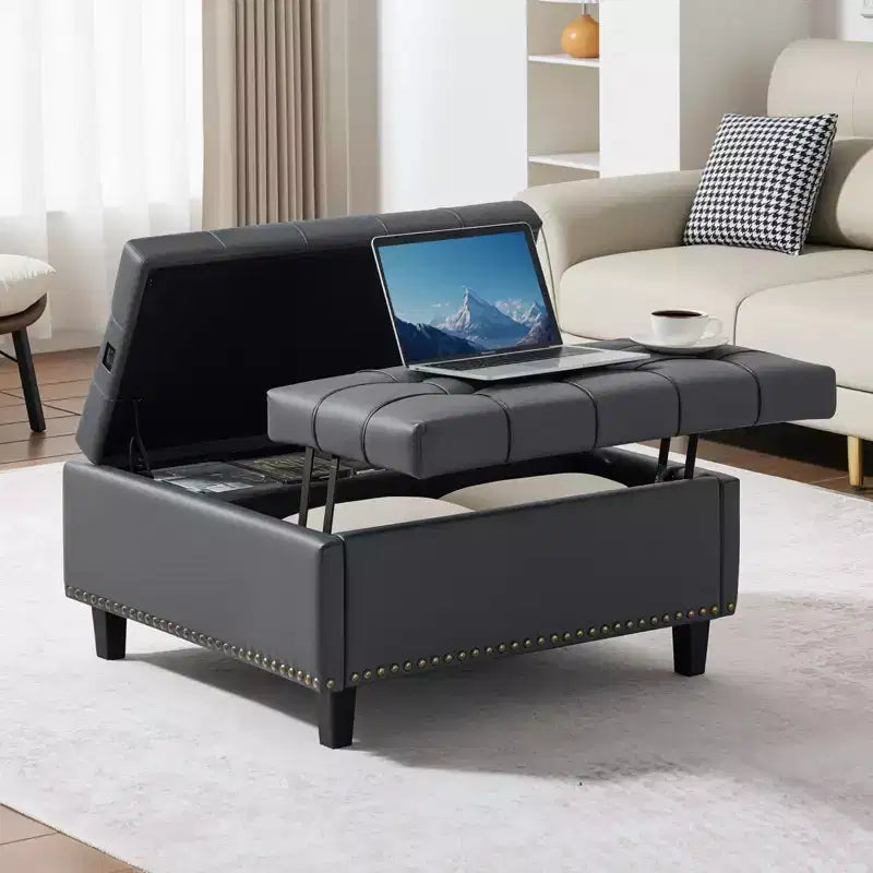 Pouffe carré en cuir PU de 80 cm avec rangement, design capitonné relevable, gris