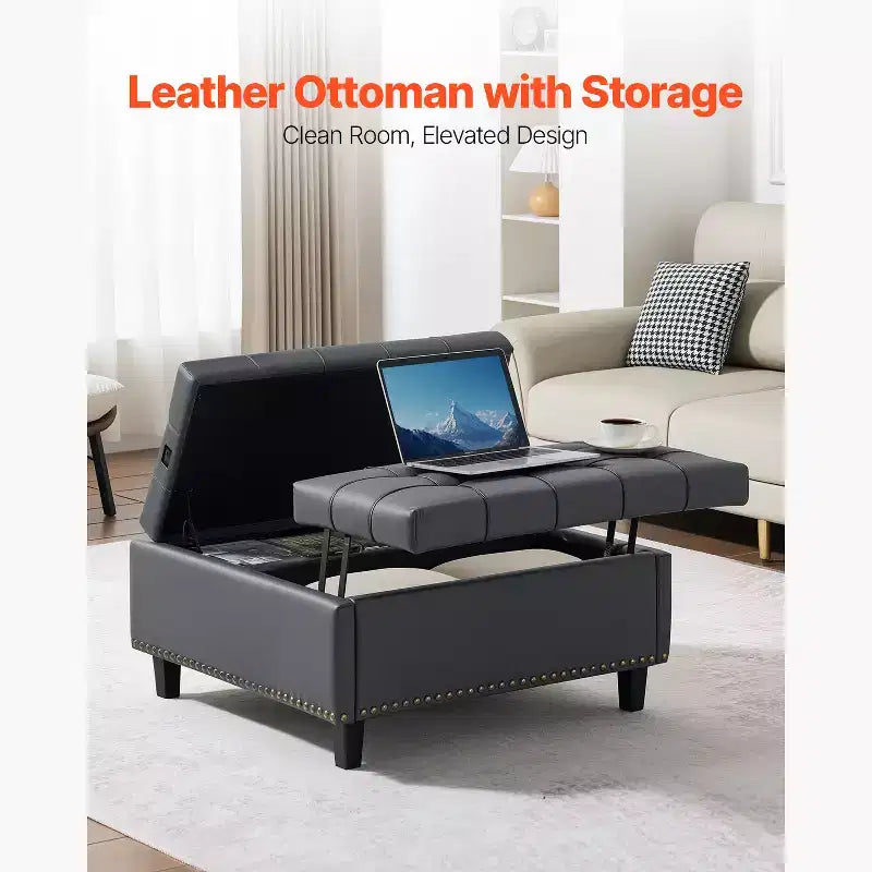 Pouffe carré en cuir PU de 80 cm avec rangement, design capitonné relevable, gris