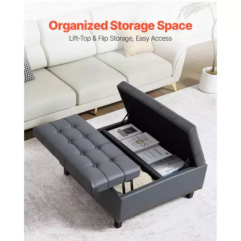 Pouffe carré en cuir PU de 80 cm avec rangement, design capitonné relevable, gris