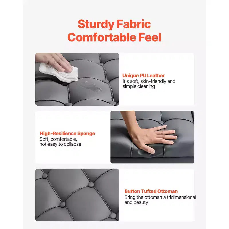 Pouffe carré en cuir PU de 80 cm avec rangement, design capitonné relevable, gris
