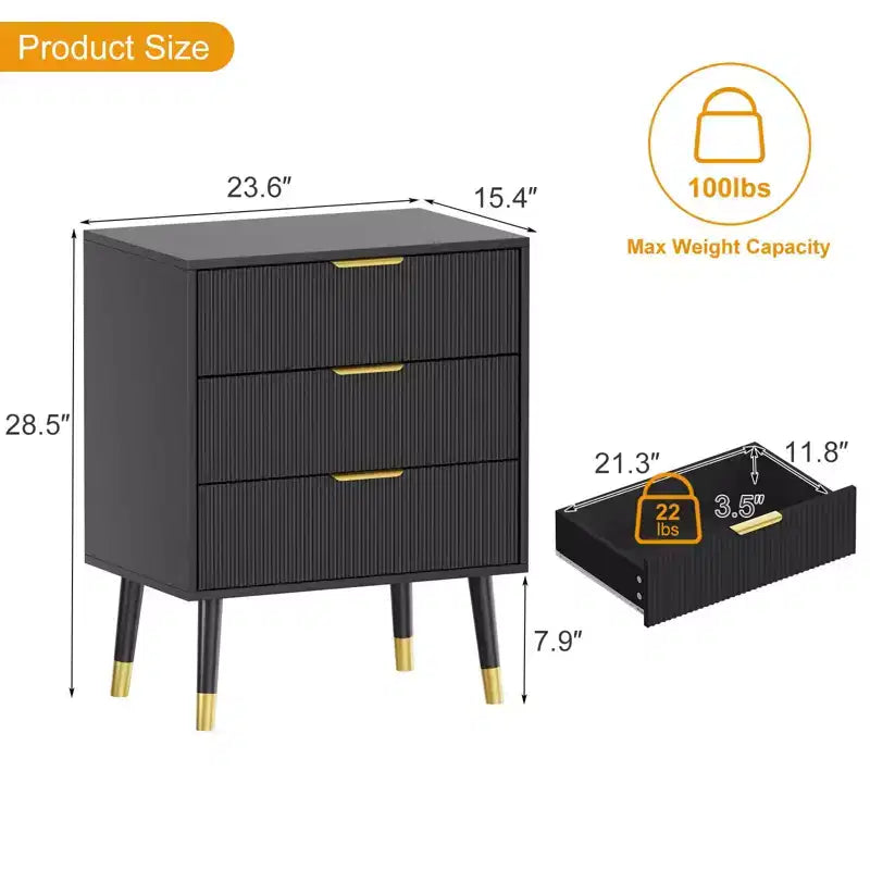 Commode Moderne à 3 Tiroirs Cannelés, Commode en Bois de 89 cm de Hauteur, Organisateur de Rangement pour Vêtements pour Placard, Salon ou Couloir