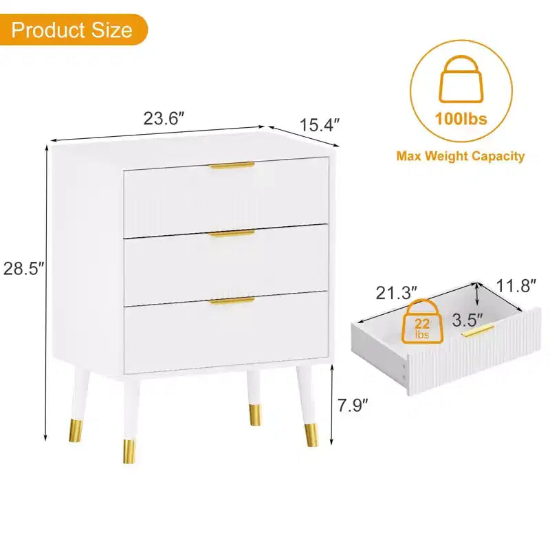 Commode Moderne à 3 Tiroirs Cannelés, Commode en Bois de 89 cm de Hauteur, Organisateur de Rangement pour Vêtements pour Placard, Salon ou Couloir