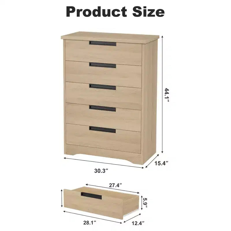 Commode à 5 tiroirs pour chambre à coucher, commode avec poignées encastrées, organiseur de commode en bois pour salon, chambre de bébé, couloir et entrée