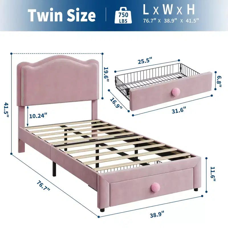 Cadre de lit enfant capitonné jumeau avec tête de lit incurvée, tiroir de rangement, tissu velours, lattes en bois robustes, pas besoin de sommier tapissier
