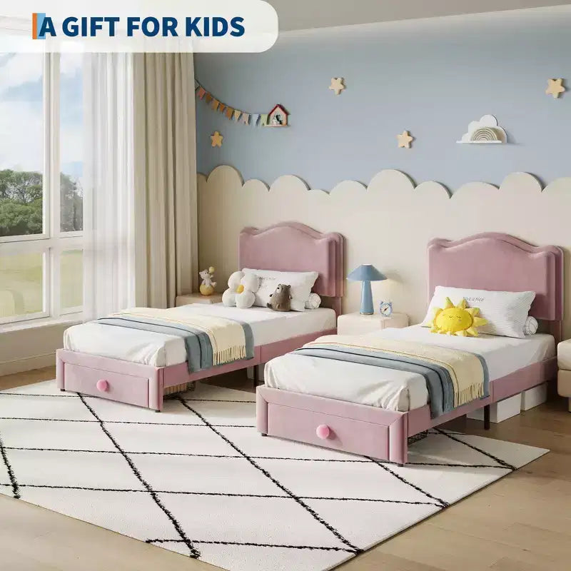 Cadre de lit enfant capitonné jumeau avec tête de lit incurvée, tiroir de rangement, tissu velours, lattes en bois robustes, pas besoin de sommier tapissier