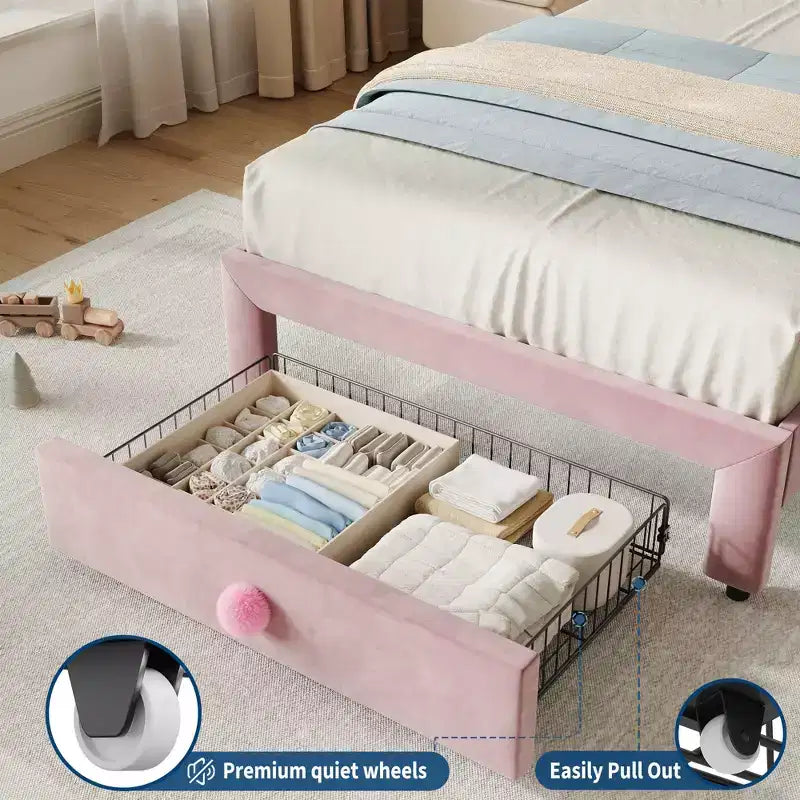 Cadre de lit enfant capitonné jumeau avec tête de lit incurvée, tiroir de rangement, tissu velours, lattes en bois robustes, pas besoin de sommier tapissier
