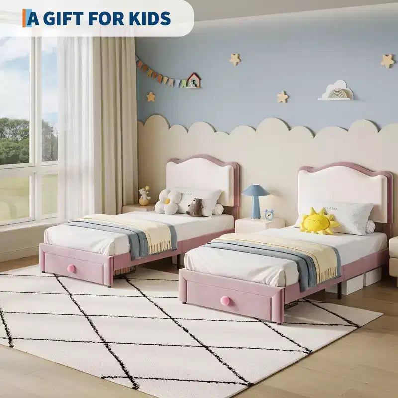 Cadre de lit enfant capitonné jumeau avec tête de lit incurvée, tiroir de rangement, tissu velours, lattes en bois robustes, pas besoin de sommier tapissier