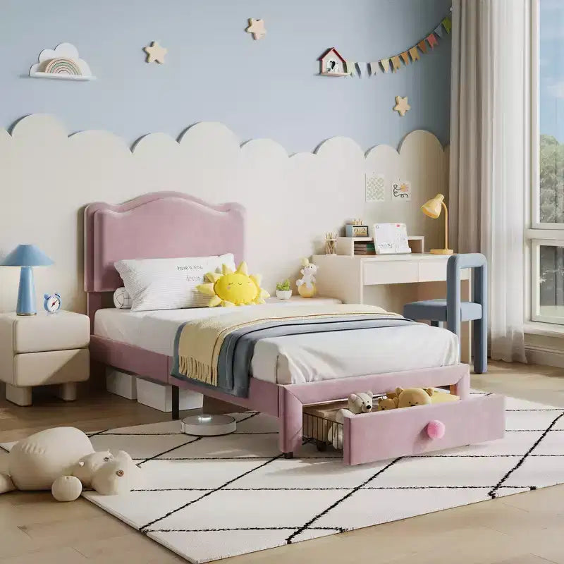 Cadre de lit enfant capitonné jumeau avec tête de lit incurvée, tiroir de rangement, tissu velours, lattes en bois robustes, pas besoin de sommier tapissier