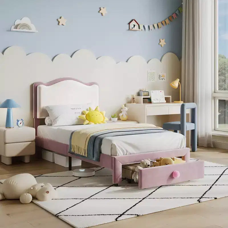Cadre de lit enfant capitonné jumeau avec tête de lit incurvée, tiroir de rangement, tissu velours, lattes en bois robustes, pas besoin de sommier tapissier