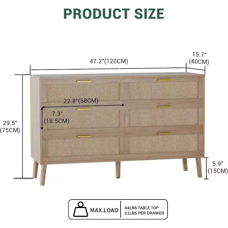 47 Commode en rotin à 6 tiroirs - Meuble de rangement moderne du milieu du siècle pour chambre et salon